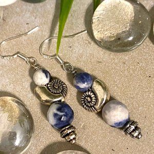 3/$25 Beachy Silver Nautilus Shell Blue White Bead Dangle Earrings